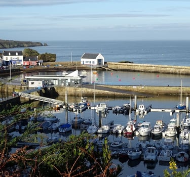 Vue aérienne de Port Tudy avec des bateaux amarrés aux quais près d'une digue en pierres