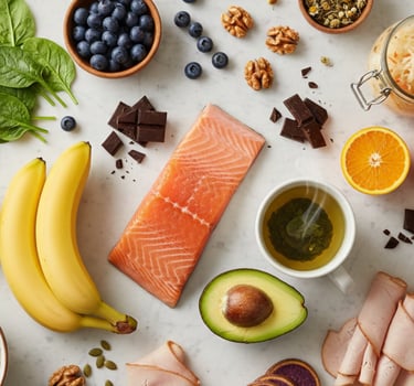 a variety of foods including fruits and vegetables that lowers  stress