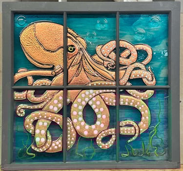a picture of a window with a octopus in the middle