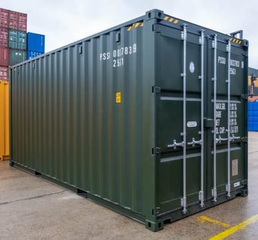 Dark green industrial steel shipping container for storage and cargo transport at a shipyard.