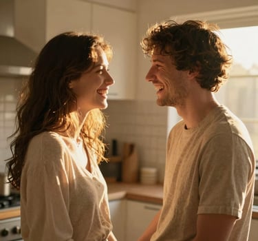 Candid portrait of a young couple laughing together in a warm, sunlit kitchen during morning golden hour, soft focus, organic feel.