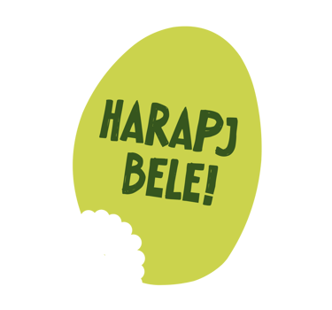 Zöld harapott matrica illusztráció magyar nyelvű felirattal: Harapj Bele fehér háttérrel.