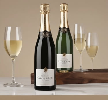 Bottle of Blanc de Blancs Champagne with a crisp white label and a filled flute.