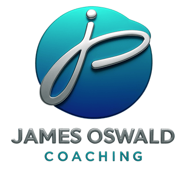 James Oswald Coaching professional logo with 3D silver initials on a blue gradient circle.