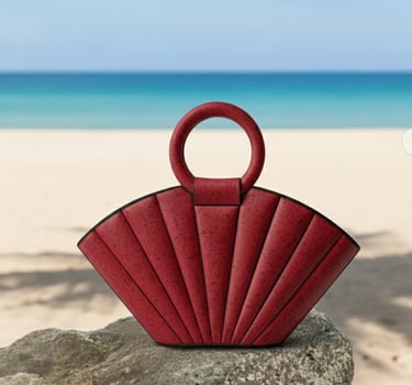 Red fan-shaped designer handbag on a beach rock with tropical ocean background.
