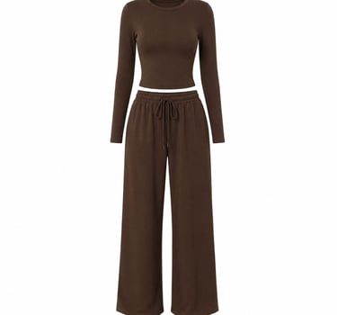 Minimal brown two piece lounge set with fitted top and relaxed wide leg pants displayed.
