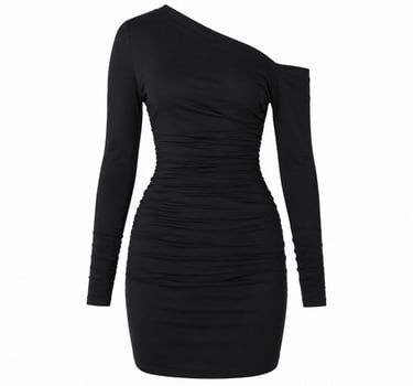 Black one shoulder ruched mini dress displayed on a clean white background with chic evening style.