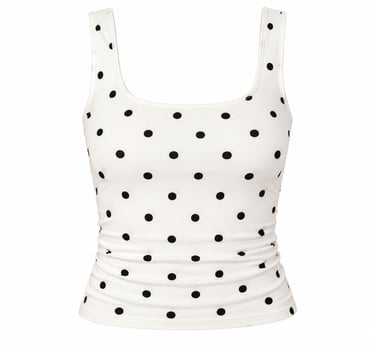 White polka dot fitted square neck top displayed on a clean white background.