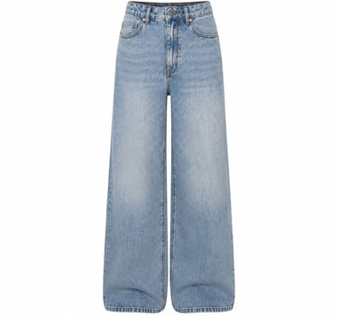 Minimal light blue wide leg jeans displayed on a clean neutral background with relaxed trendy fit.