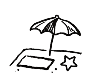 a beach chair with a umbrella and a starfish