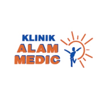 Klinik Alam Medic logo featuring blue and orange text with a person icon and sun graphic.