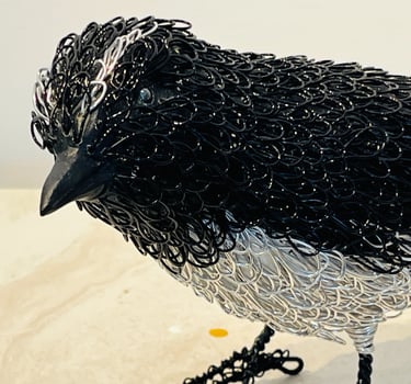 WILLY WAGTAIL,  pine and plated wire bird by Guy Cranston