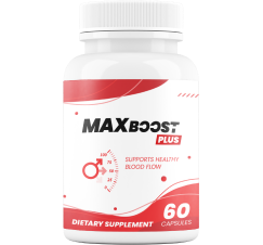 Max Boost Plus dietary supplement bottle with 60 capsules for healthy blood flow.