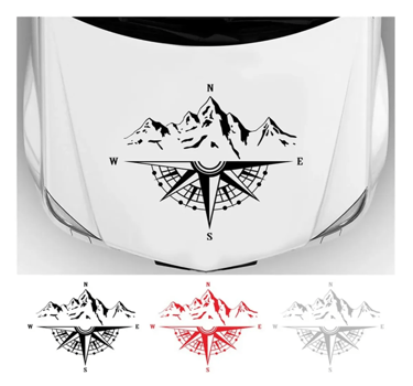 Custom vinyl car hood decal featuring a compass rose and mountain peaks for off-road vehicle styling.