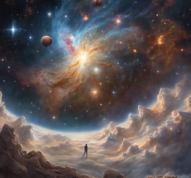 Un homme se tient debout au sommet d'une montagne avec vue sur une galaxie