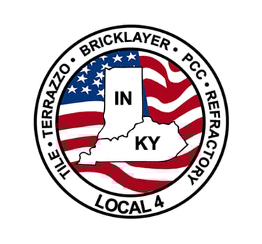 Local 4 bricklayer and tile union logo featuring Indiana and Kentucky maps over a US flag.