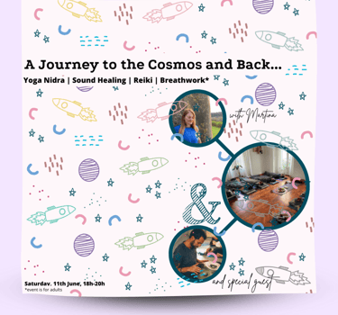 A fun graphic for a holistic event of reiki, nidra, breathwork and sound healing.