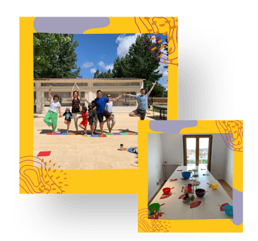 Family Yoga and kids cooking utensils