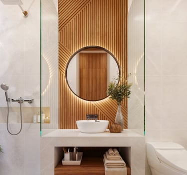 Villa Nila bathroom featuring natural textures and a seamless connection to the outdoor patio blend