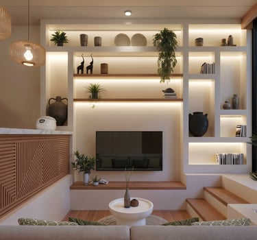 Villa Oraya’s open-plan living room and kitchen with a sunken lounge, blending modern comfort