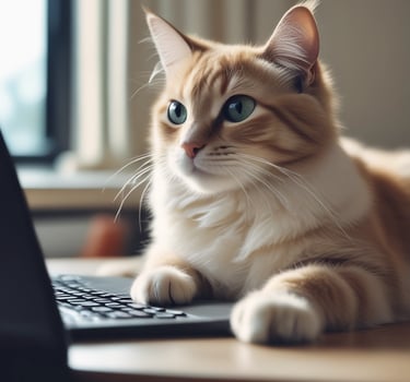 A cozy scene of a dog and cat sitting peacefully together near a simple wooden desk with a laptop and a vase of flowers, symbolizing warmth and communication.