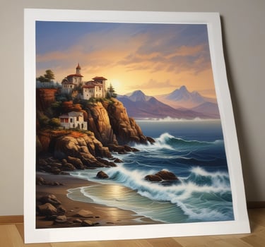 a painting of a lighthouse on a cliff