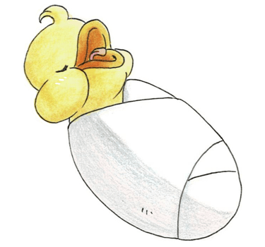 Cute yellow baby duckling illustration wrapped in a white swaddle blanket.