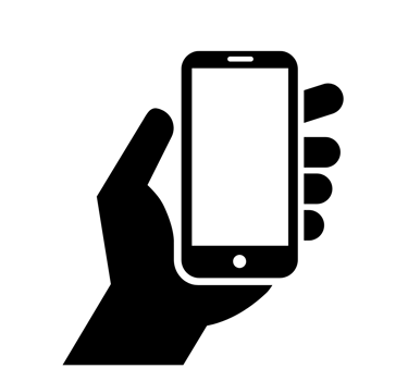 Black and white vector icon of a hand holding a mobile smartphone with a blank screen.