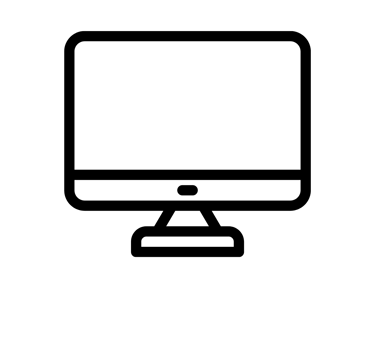 Black and white desktop computer monitor icon representing digital technology and hardware.