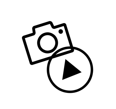 Black line icon of a digital camera and a play button circle for video and photo media.