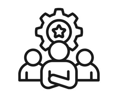 Line icon showing a skilled professional team with gear and star for project management expertise.