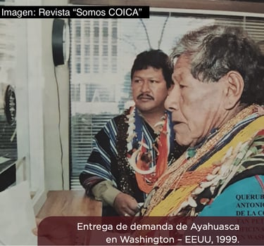 Indigenous COICA leaders delivering the Ayahuasca patent lawsuit in Washington DC 1999.