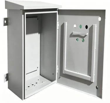 Durable outdoor waterproof electrical enclosure box with open hinged door and wall mounting brackets.