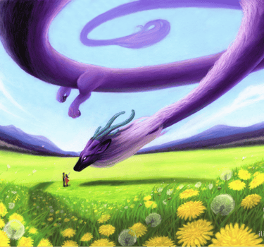 pastel painting depicting a purple dragon flying over a dandelion field towards a two people