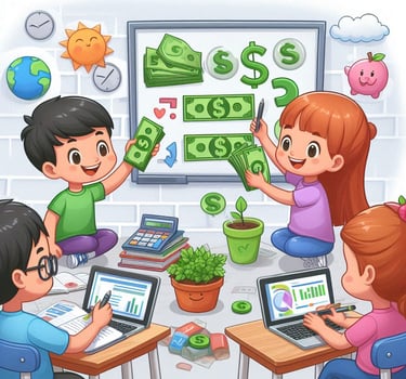 imagem de crianças aprendendo a investir