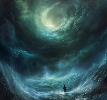 A person standing in a large body of water seeking clarity and insight.