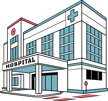 Modern hospital building with entrance canopy and cross symbol silhouette 
