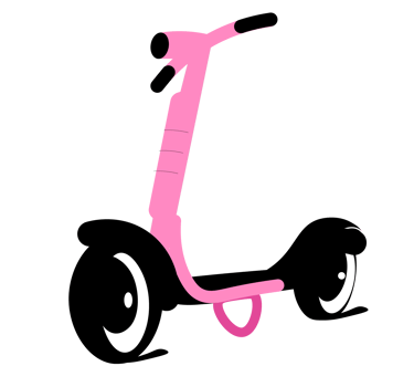 Uśmiechnięta i zaciekawiona różowa hulajnoga z oczami zamiast kółek.