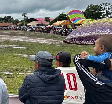 A crowd of spectators watches an outdoor event at a muddy sports field under a cloudy sky.