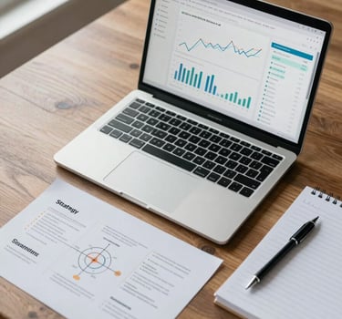 Close overhead shot of a large wooden desk surface: an open laptop showing a clean analytics dashboard with line graphs and KPI tiles, a printed strategy framework diagram partially visible beside it, a mechanical pencil resting on ruled notes. Cool diffused daylight from a window at upper left. No people, no hands. Precise, focused, minimal.