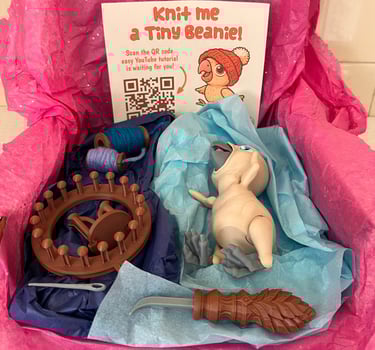 a baby parrot with a DIY kit to knit a bonnet hat