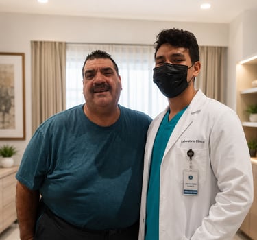 Profesional del laboratorio junto al cantante Melo Ruiz durante atención en el Hotel Spiwak Chipicha