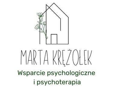 Logo pełne, małe - Marta Krężołek Wsparcie psychologiczne i psychoterapia. Logo zawiera wizerunek domu i kwiatu