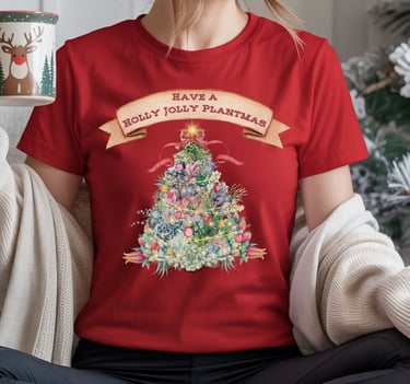 Red tee with succulent Christmas tree and “Holly Jolly Plantmas” — festive plant lover shirt by Miss Chatty Plants
