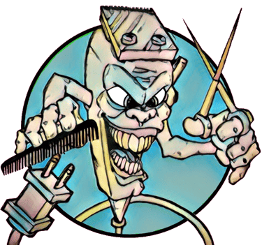 animated barber clippers with grimacing face, plug cord, two arms holding scissors in left hand and a comb in right hand