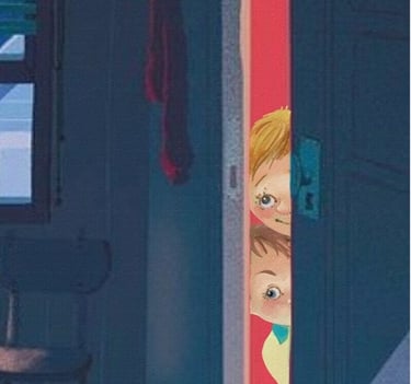 Two curious children peeking through a partially open door into a dimly lit room.