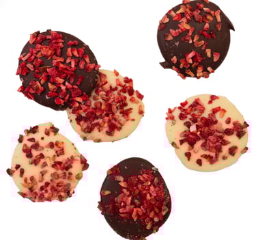 Chocolade schijfjes met framboos wit en puur