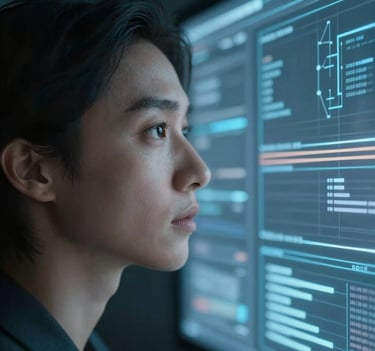 A portrait of a person looking at a digital interface, their face illuminated by the soft glow of a screen. The lighting is a crisp slate ocean blue, creating a professional and futuristic atmosphere.