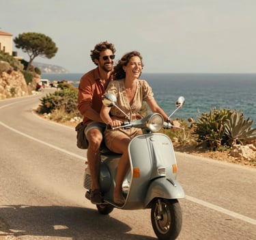 A cinematic lifestyle shot of a Southern European / Italian couple laughing while riding a vintage scooter along a sun-drenched coastal road. The lighting is warm and golden, with tones of terracotta and sand throughout the scene.