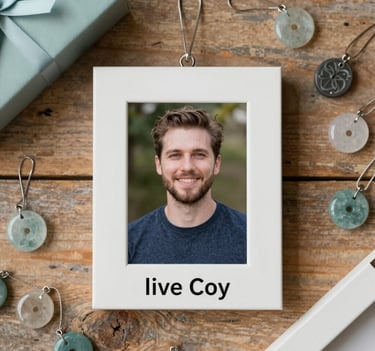 Top-down flat lay of various personalized memorial items, including a laser-engraved photo frame and resin charms, styled on a rustic wooden background with warm lighting and #D4BEAE accents.